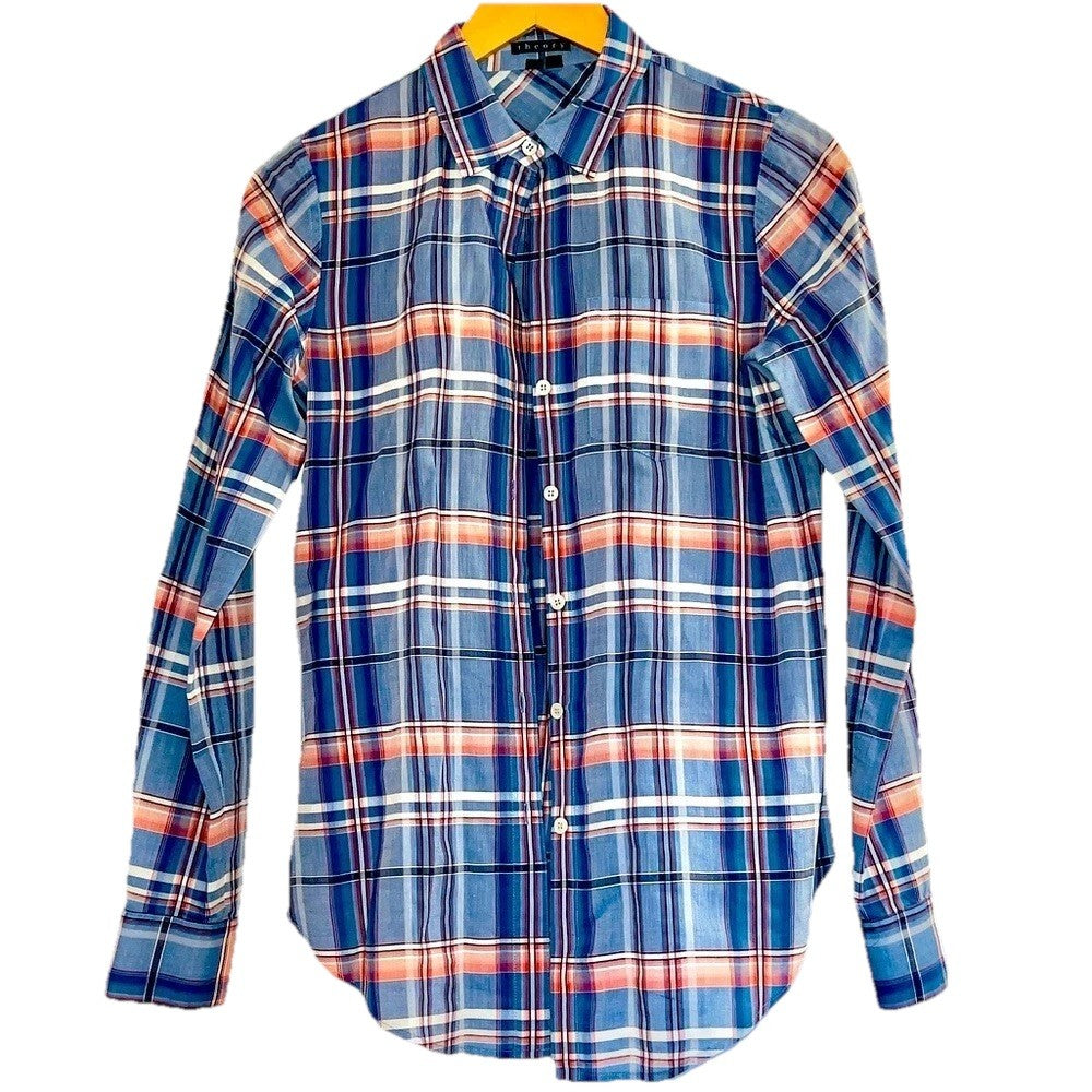 THEORY Plaid Blouse in Blue, Small