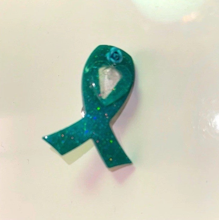 Glittery Teal Awareness Ribbon Pin, handmade out of resin