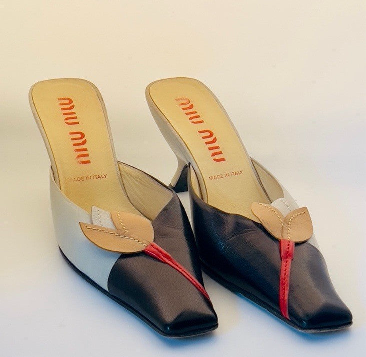 MIU MIU Flower Kitten Heeled Slides, 38