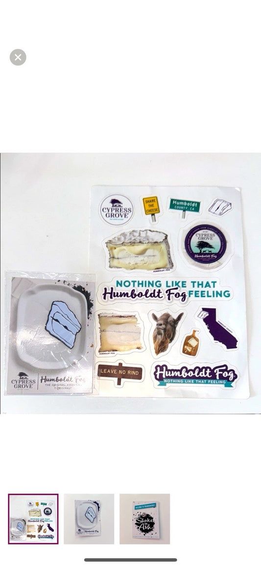 Set of Cypress Grove Humboldt Fog themed stickers And Lapel Pin